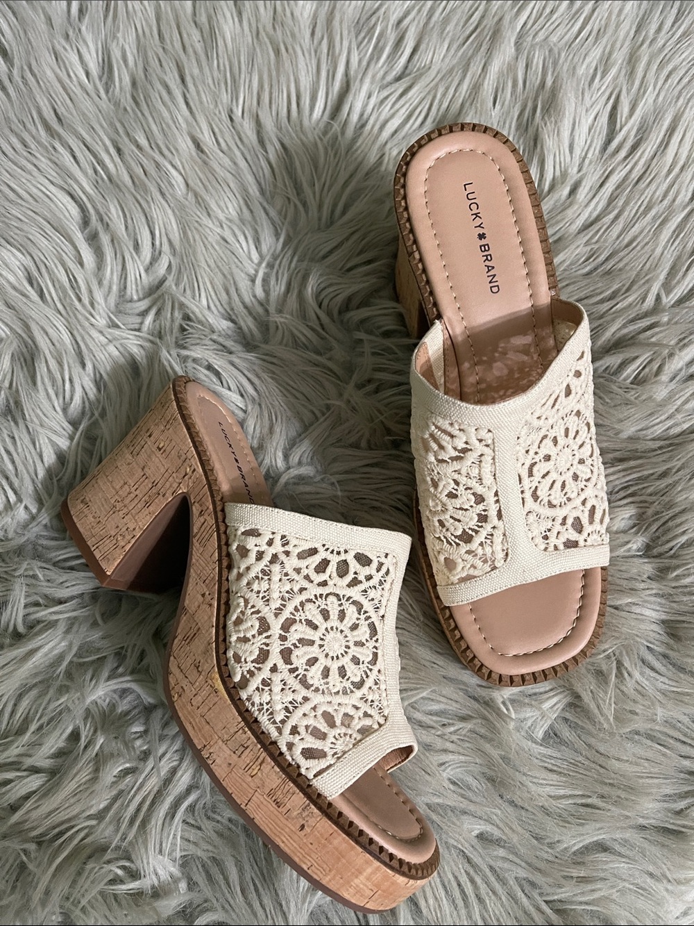 Lucky Brand Cream Crochet Cork Platform Mules